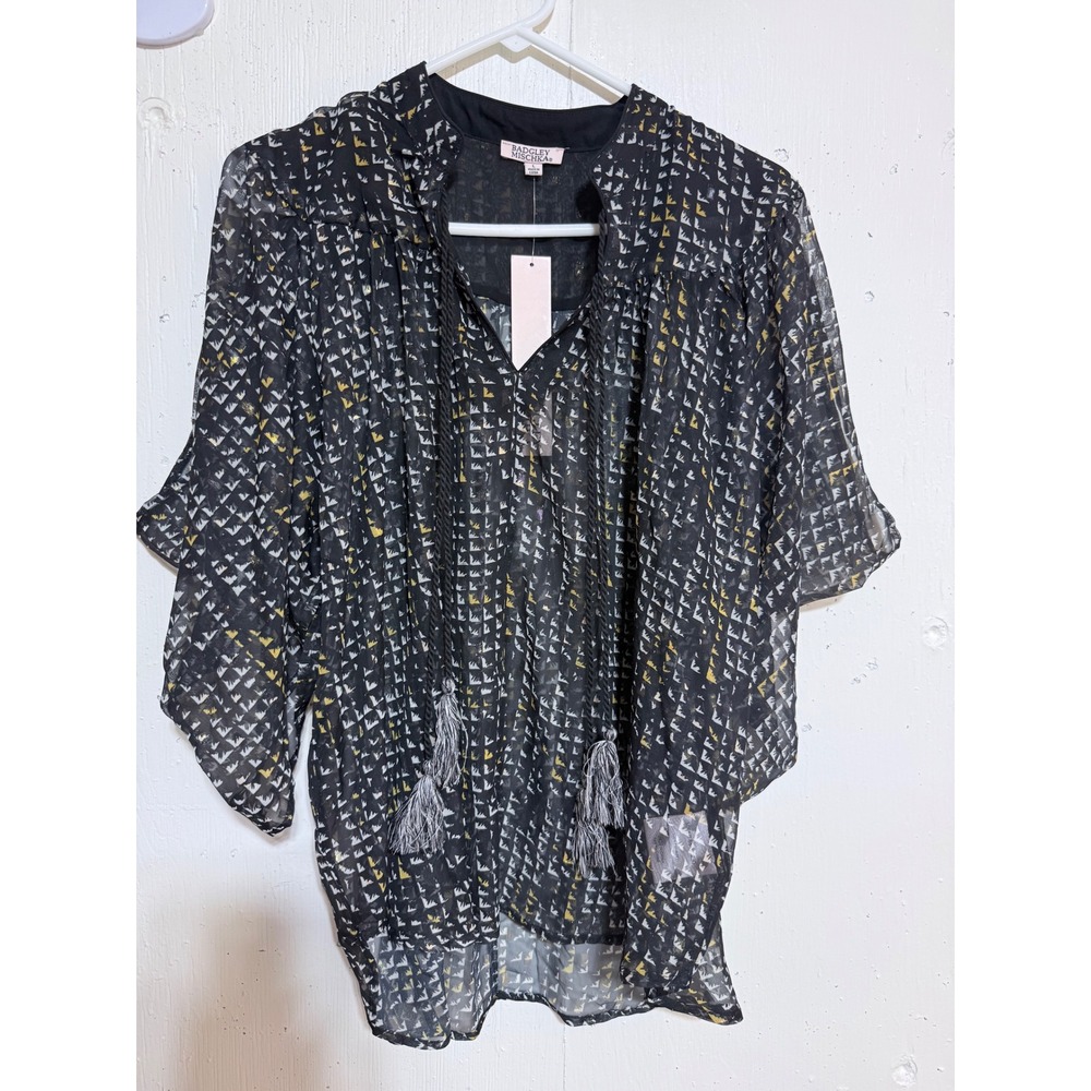 Badgley Mischka Black Gold Geometric Tassel Blouse Top 8BRL0230 L
